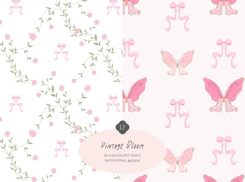 Vintage Bloom is a seamless pattern collection featuring 12 high-resolution pastel digital papers inspired by the grandmillennial, coquette, preppy and cottagecore aesthetics. Perfect for digital scrapbooking, planner stickers, sublimation, stationery design, and handmade crafts.