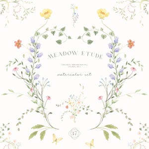 Può includere: Set floreale ad acquerello con il testo "MEADOW ETUDE" e "watercolor set". L'immagine presenta una ghirlanda di fiori nei toni del giallo, viola, rosa e arancione, con foglie verdi e farfalle. L'immagine ha un'estetica morbida e delicata.