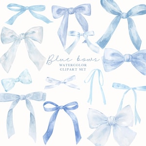 May include: A collection of watercolour clipart featuring light blue bows of different styles and sizes. Some bows have long, flowing ribbons. The text "Blue bows WATERCOLOR CLIPART SET" is written in a delicate script.
