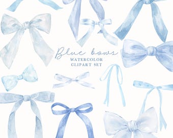 Aquarelle de noeuds bleus | Ruban preppy souple PNG | Coquette Pastel Noeuds | Art de l'arc grand-millénaire | Illustrations de baby shower avec noeud bleu