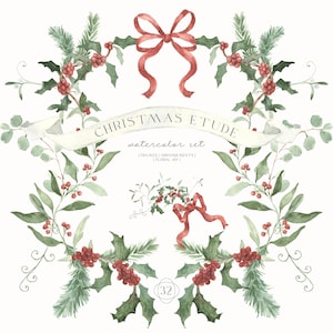 以下が含まれることがあります： 水彩画のイラストで、ヒイラギ、ベリー、松の枝を使ったクリスマスリース。赤いリボンと「CHRISTMAS ETUDE」の文字も特徴です。この画像は、柔らかくヴィンテージな雰囲気で、ホリデーをテーマにしたデザインに最適です。