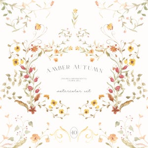Puede incluir: Diseño floral en acuarela con el texto "AMBER AUTUMN" y "watercolor set". El diseño presenta una variedad de flores en tonos amarillos, naranjas y rojos, con hojas y tallos verdes. El tema general es el otoño y la naturaleza.