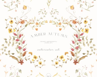 Amber Autumn Watercolor Floral Clipart | Preppy Fall Flowers | Victorian Frames | Coquette Leaves Pre-made Arrangements | DIY Botanical PNG