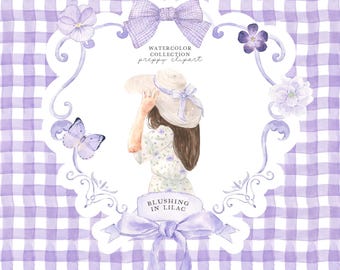 Clipart fille aquarelle fleurs preppy, rougissant en lilas - esthétique coquette, vichy grand millénaire, noeuds violets, clipart féminin png