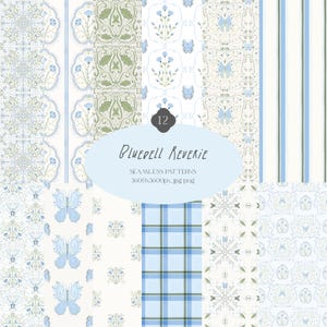 May include: A collection of twelve seamless digital patterns featuring bluebells, butterflies, and geometric stripes in shades of blue, green, and white. The central oval label displays the text 12 BLUEBELL REVERIE SEAMLESS PATTERNS 3600x3600px. jpg png.
