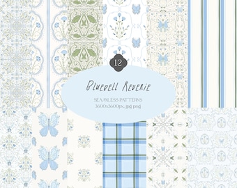 May include: A collection of twelve seamless digital patterns featuring bluebells, butterflies, and geometric stripes in shades of blue, green, and white. The central oval label displays the text 12 BLUEBELL REVERIE SEAMLESS PATTERNS 3600x3600px. jpg png.