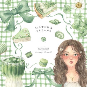 May include: Watercolor illustration featuring matcha-themed elements. Includes slices of cake, chocolate, macarons, and a bow, all in shades of green. The text "Matcha Dreams" and "Watercolor Collection preppy clipart" are also present. A woman with brown hair is also in the image.