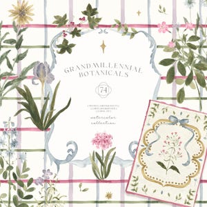 Grandmillennial Botanicals | Akvarell blommig clipart | Preppy blommor, kokett estetik, vintageblommor, blommiga ramar bröllopsinbjudningar