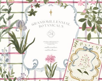 May include: Watercolor botanical illustration featuring a floral design with the text "GRANDMILLENNIAL BOTANICALS". The image includes a variety of flowers, leaves, and a decorative frame, all set against a plaid background.
