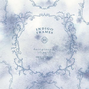 Indigo Vintage Frames Ornamental Line Art – Baroque Png - Hand Drawn Watercolor Background, Blue Monogram Borders French Crest Clipart