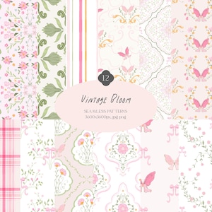 Pink Coquette Seamless Patterns Vintage Bloom Grandmillennial Digital Paper | Pastel Floral Pattern | Scrapbooking Preppy Bow Backgrounds