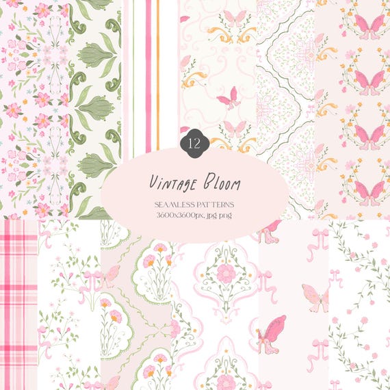 Pink Coquette Seamless Patterns Vintage Bloom Grandmillennial Digital Paper | Pastel Floral Pattern | Scrapbooking Preppy Bow Backgrounds
