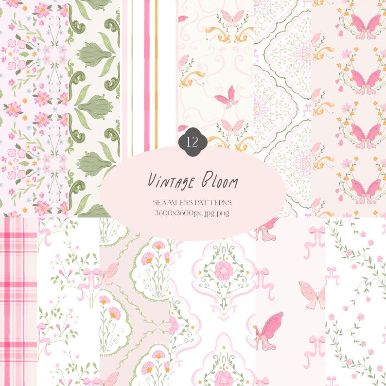 Vintage Bloom is a seamless pattern collection featuring 12 high-resolution pastel digital papers inspired by the grandmillennial, coquette, preppy and cottagecore aesthetics. Perfect for digital scrapbooking, planner stickers, sublimation, stationery design, and handmade crafts.