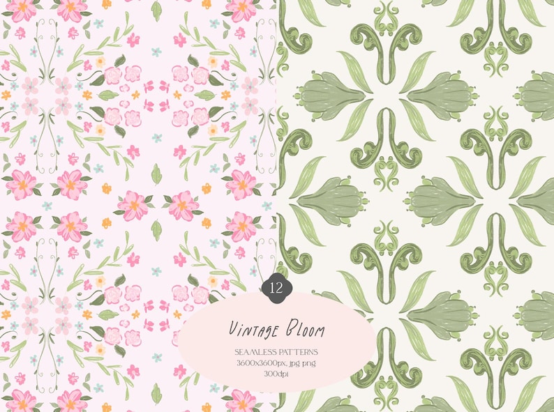 Vintage Bloom is a seamless pattern collection featuring 12 high-resolution pastel digital papers inspired by the grandmillennial, coquette, preppy and cottagecore aesthetics. Perfect for digital scrapbooking, planner stickers, sublimation, stationery design, and handmade crafts.