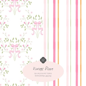 Vintage Bloom is a seamless pattern collection featuring 12 high-resolution pastel digital papers inspired by the grandmillennial, coquette, preppy and cottagecore aesthetics. Perfect for digital scrapbooking, planner stickers, sublimation, stationery design, and handmade crafts.
