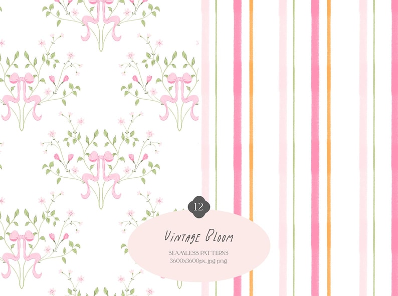 Vintage Bloom is a seamless pattern collection featuring 12 high-resolution pastel digital papers inspired by the grandmillennial, coquette, preppy and cottagecore aesthetics. Perfect for digital scrapbooking, planner stickers, sublimation, stationery design, and handmade crafts.
