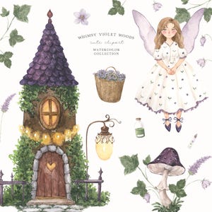 Clipart de Bosque de Hadas: Casa de Hadas en acuarela estilo Cottagecore morado, hongos, flores, lavanda, botellas mágicas e ilustraciones adorables del bosque.