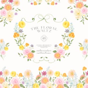 Può includere: Collezione floreale ad acquerello con il testo "The Floral Waltz". Il design presenta composizioni di fiori gialli, rosa e arancioni, con foglie verdi e accenti blu e viola. Include cornici, biglietti, sfondi ed elementi floreali fai-da-te.