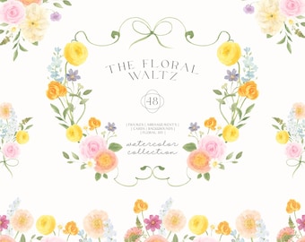 Watercolor Flowers Clipart - Coquette Garden Clipart - The Floral Waltz - Preppy Vintage Frames Floral Borders Dainty Flowers DIY Pastel PNG
