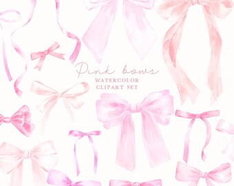 Clipart aquarelle de noeuds roses | Ruban Coquette PNG | Ensemble de noeuds girly preppy | Nœuds esthétiques grand-millénaires | Baby shower pastel doux