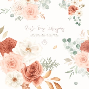 Könnte beinhalten: Aquarell-Blumenarrangement mit Rosen in Rosa, Terrakotta und Weiß, mit grünem und grauem Laub. Der Text "Rustic Rose Whispers" und "Floral Collection" sind zu sehen. Ideal für DIY-Projekte.