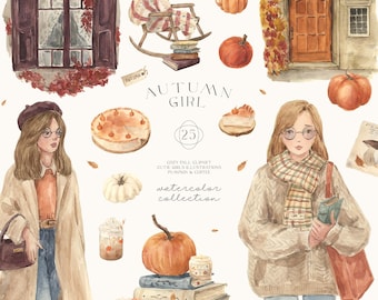 Autumn Girl Watercolor Clipart | Cozy Preppy Fall Aesthetic Illustrations, Pumpkin Latte, Book Girl, Library, Autumn Fashion Cottagecore PNG