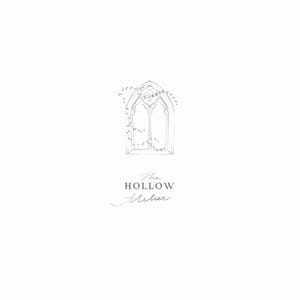 May include: A minimalist logo design featuring a gothic arch window with delicate floral accents. The text "The Hollow Maker" is written below the window in a script font, all in a neutral color palette.