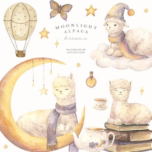Puede incluir: Ilustración en acuarela con globo aerostático, mariposa, estrellas y alpacas. Las alpacas llevan bufandas y sombreros, algunas descansan sobre una luna creciente, libros y nubes. El texto dice "Moonlight Alpaca Dreams, Watercolor Collection."