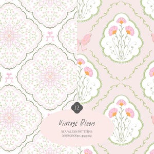 Vintage Bloom is a seamless pattern collection featuring 12 high-resolution pastel digital papers inspired by the grandmillennial, coquette, preppy and cottagecore aesthetics. Perfect for digital scrapbooking, planner stickers, sublimation, stationery design, and handmade crafts.