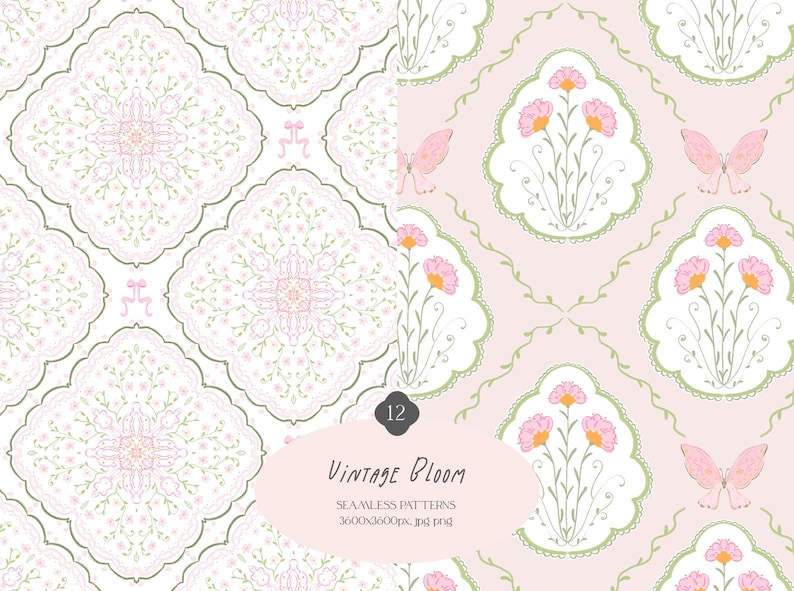 Vintage Bloom is a seamless pattern collection featuring 12 high-resolution pastel digital papers inspired by the grandmillennial, coquette, preppy and cottagecore aesthetics. Perfect for digital scrapbooking, planner stickers, sublimation, stationery design, and handmade crafts.