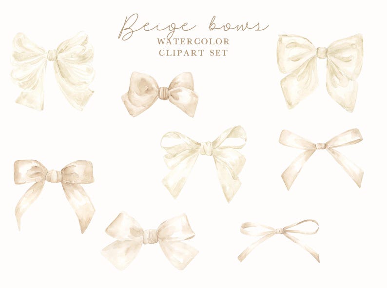 Peut inclure: Ensemble de cliparts aquarelle de n&oelig;uds beiges de diff&eacute;rents styles. Les n&oelig;uds sont dans des tons cr&egrave;me et beige, avec des d&eacute;tails d&eacute;licats. Le texte "Beige bows WATERCOLOR CLIPART SET" est en haut.