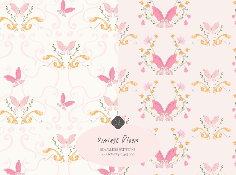 Vintage Bloom is a seamless pattern collection featuring 12 high-resolution pastel digital papers inspired by the grandmillennial, coquette, preppy and cottagecore aesthetics. Perfect for digital scrapbooking, planner stickers, sublimation, stationery design, and handmade crafts.