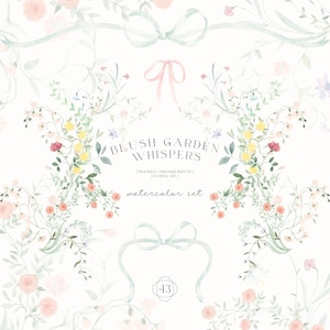 May include: Watercolor floral design with the text "Blush Garden Whispers" and "watercolor set". The image features delicate pink, yellow, and red flowers, green leaves, and light blue bows on a white background. The design includes frames and floral arrangements.