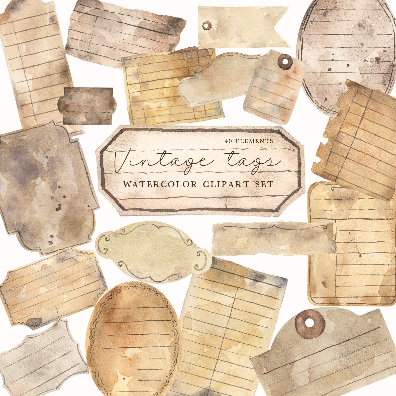 May include: A collection of watercolor vintage tags in various shapes and sizes. The tags are in shades of brown and beige, with a distressed, aged appearance. Some tags have lines for writing, and the text "Vintage tags" is visible.