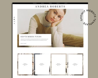 Peut inclure: Un modèle de site Web avec le texte "Show It Website Template" dans un cercle. Le site Web présente une photo d'une femme portant une chemise blanche à manches longues et un pantalon marron. Le texte "September Finds" est affiché au-dessus de la photo. Le site Web présente également quatre cases de catégorie de blog.