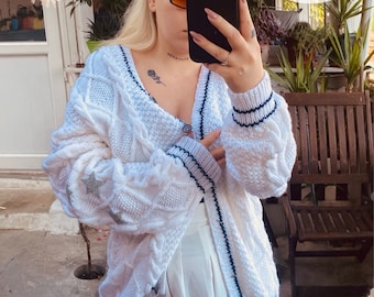 Star Embroidered Folklore Cardigan, White Oversize Cardigan, Folklore Album Cardigan, Chunky Knit Cozy Sweater, Y2k Cardigan, Halloween gift