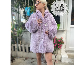 Handmade Faux Rabbit Fur, Crochet Lilac Coat, Oversize Jacket, Y2k Women's Coats, Lined Warm Coat