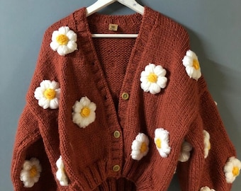 Crochet Cardigan Handknit Brown Oversize Daisy Pattern Women - Etsy