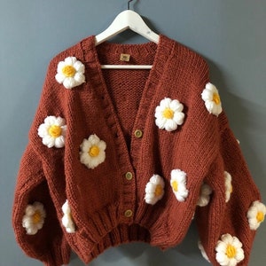 Handknit Brown Cardigan, Daisy Knit Cardigan, Oversized Sweater, Handmade Cardigan For Women, Gift For Her image 4