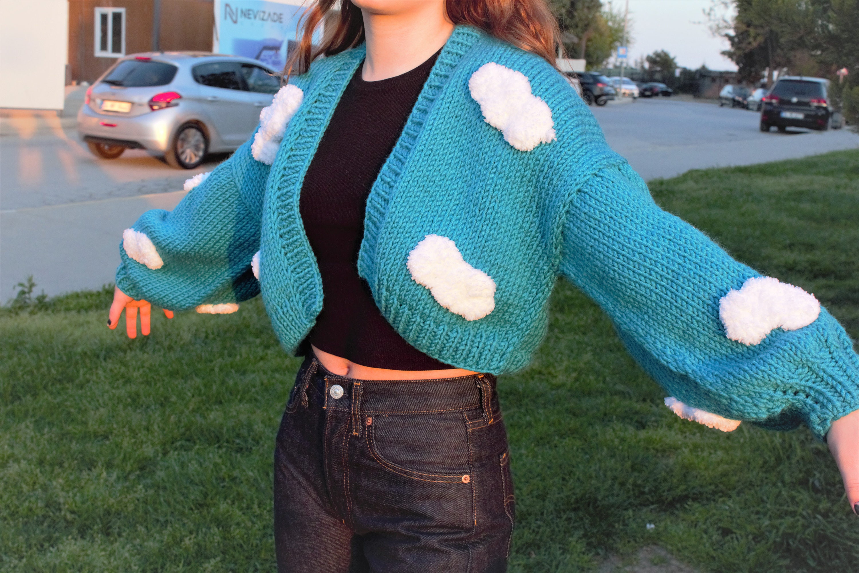 Crochet Crop Cardigan, Cloud Knit Cardigan, Blue White Cardigan