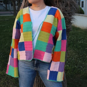 Crochet Knit Cardigan Sewing Pattern Cropped Colorful For Women Oversize Rainbow Long Sleeves Clothing image 2