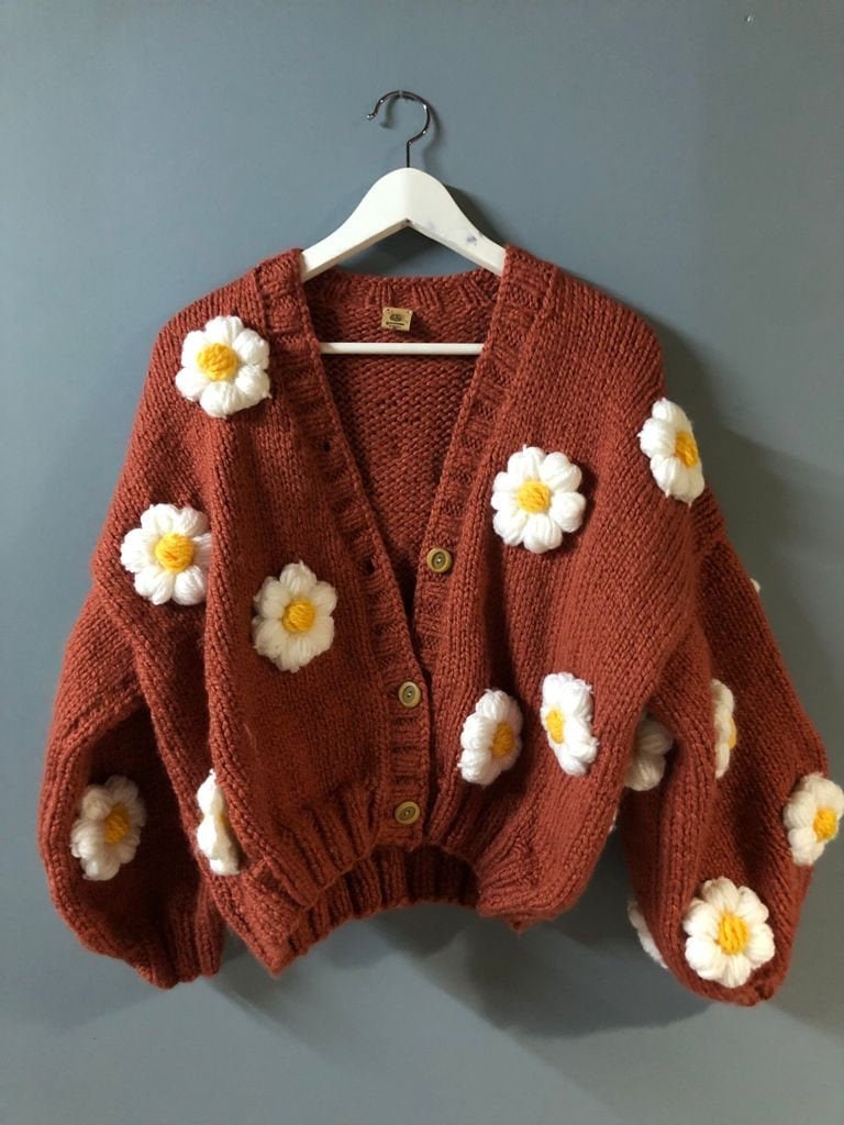 Crochet Cardigan Handknit Brown Oversize Daisy Pattern Women - Etsy