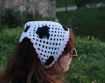 Crochet Bandana, Cow Pattern Hair Kerchief, Summer Beach Bandana, Crochet Hair Accessory, Mother's Day Gift