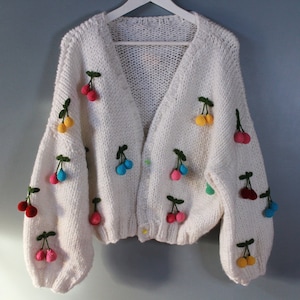 Cherry Embroidered Chunky Knit Cardigan, Cropped Cardigan, Floral Sweater, HandKnit Oversize Cardigan, Crochet Sweater Pattern