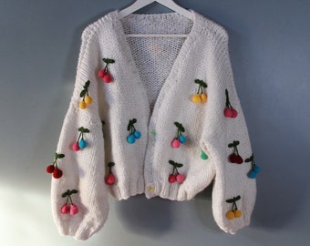 Cherry Embroidered Chunky Knit Cardigan, Cropped Cardigan, Floral Sweater, HandKnit Oversize Cardigan, Crochet Sweater Pattern