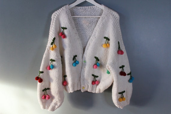 Cherry Embroidered Chunky Knit Cardigan, Cropped Cardigan, Floral