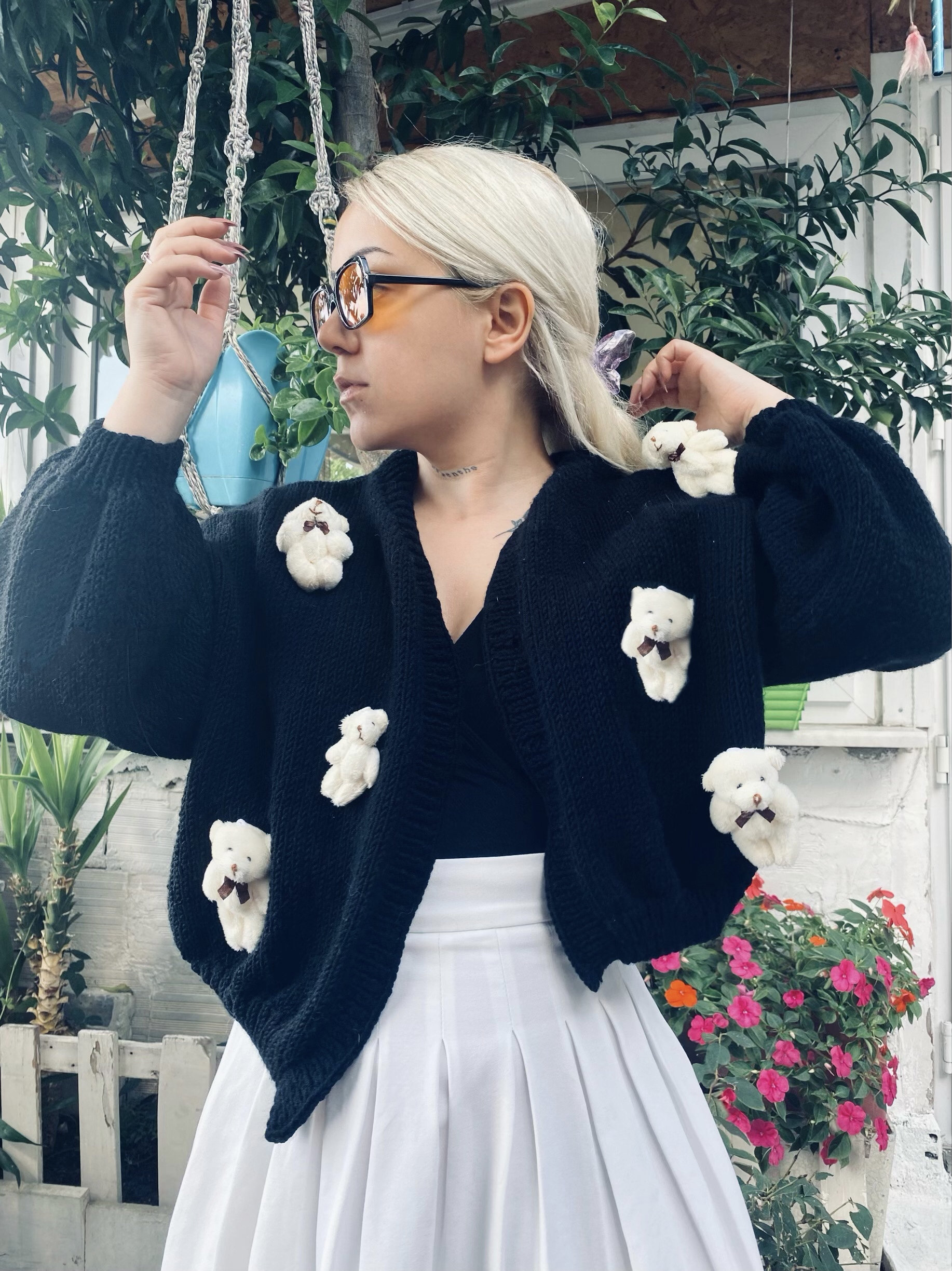 3D Bear Cardigan, Teddy Bear Sweater, Crop Cardigan, Black