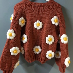 Handknit Brown Cardigan, Daisy Knit Cardigan, Oversized Sweater, Handmade Cardigan For Women, Gift For Her image 5
