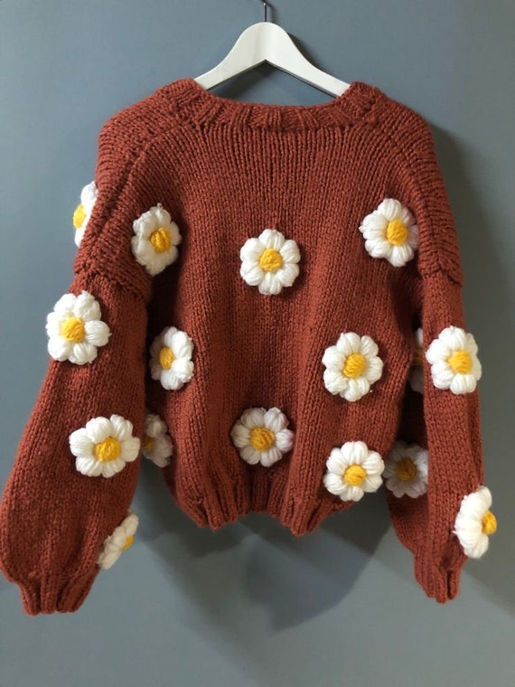 Crochet Cardigan Handknit Brown Oversize Daisy Pattern Women - Etsy