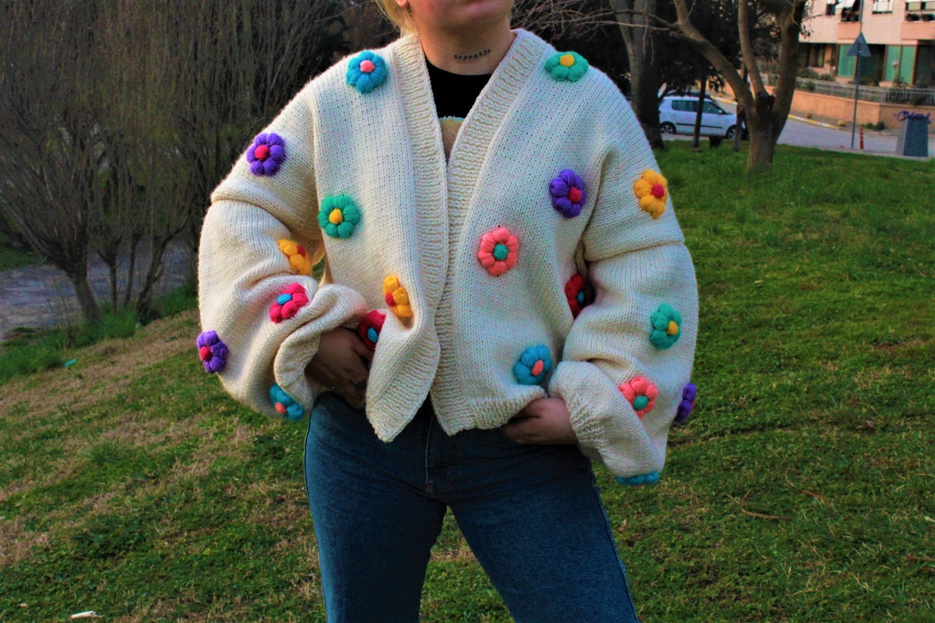 Flower Knit Cardigan, Oversized Picnic Cardigan, Plus Size